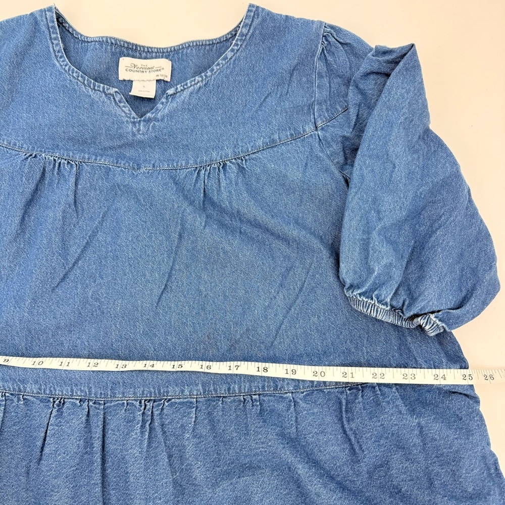 The Vermont Country Store Denim Tiered Midi Muumuu‎ Dress Pockets L Prairie Boho - Picture 12 of 13